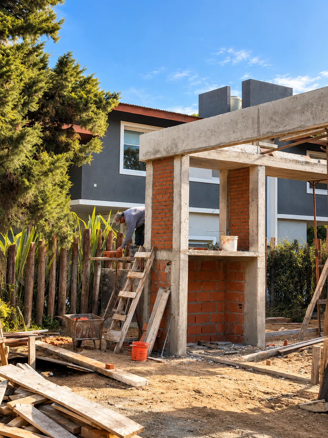 Albañil levantando la ampliación de una vivienda, con columnas de ladrillo y hormigón.