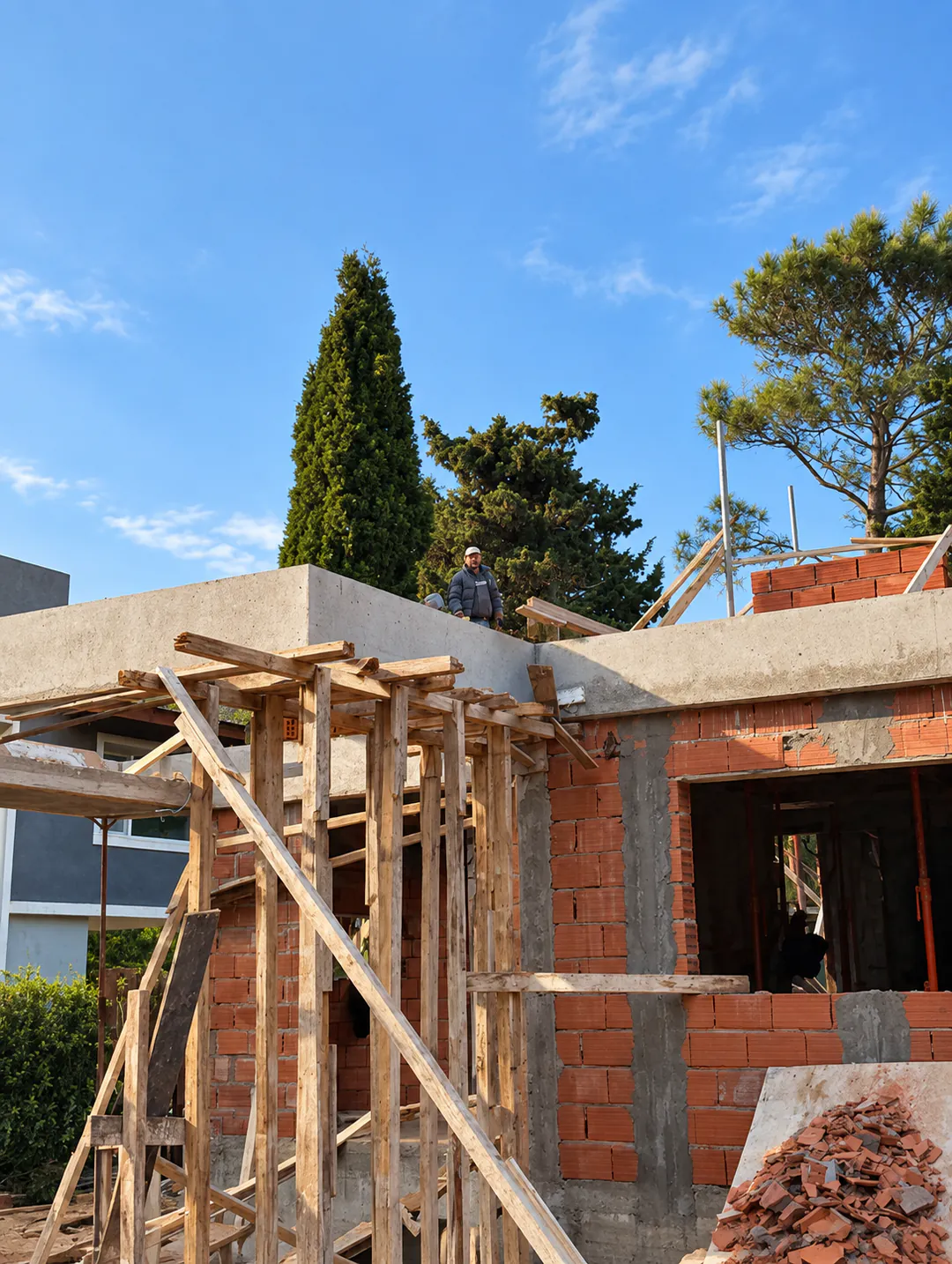 Obra en construcción con encofrado de madera, muros de ladrillo y losa de hormigón terminada.