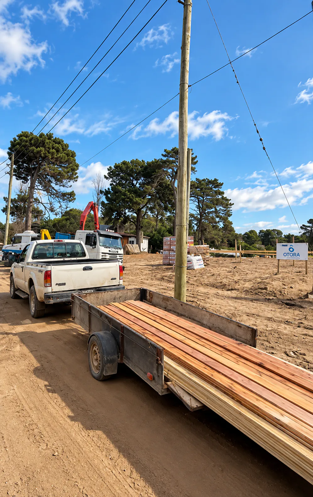 Camioneta con acoplado cargado de madera llegando al terreno de una obra.