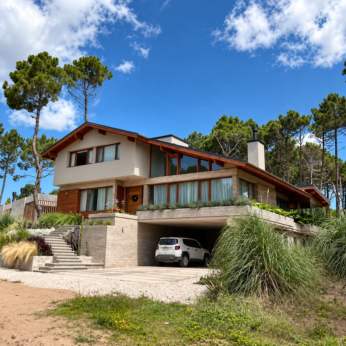 Vivienda de dos plantas con madera, piedra y acceso en desnivel.