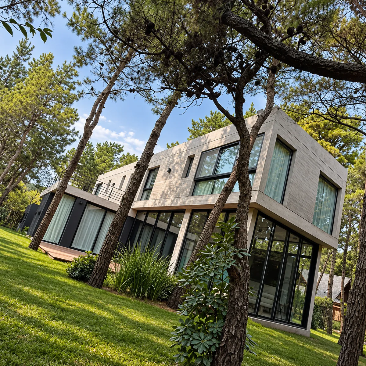 Vivienda moderna de hormigón y vidrio construida por Ferreyra entre los pinos.