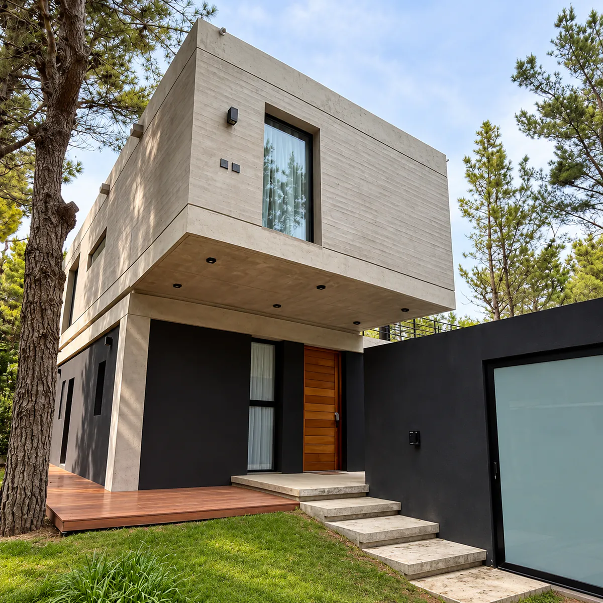 Acceso a vivienda moderna con volumen superior de hormigón y planta baja negra.