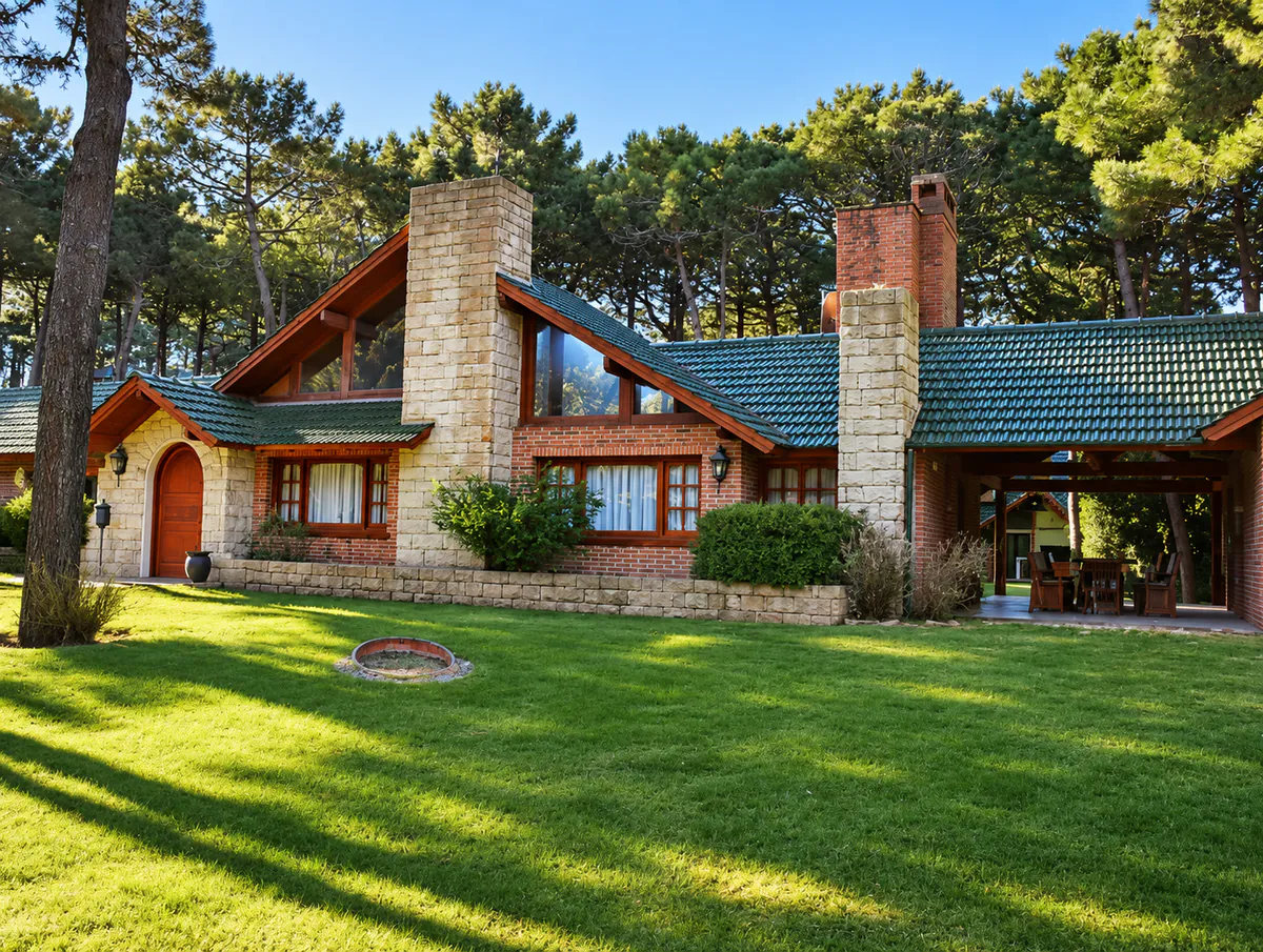 Vista completa de vivienda tradicional con galería y jardín arbolado.
